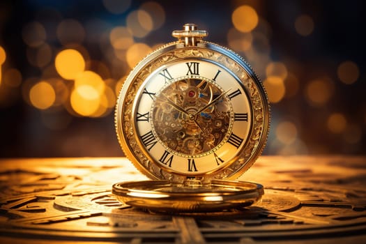 Vintage gilded amulet with a clock on a golden bokeh background. Time concept.