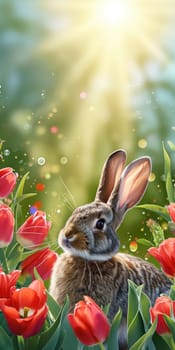 A festive Easter banner depicting a lifelike bunny with red tulips and decorated Easter eggs, embodying the joy of the holiday