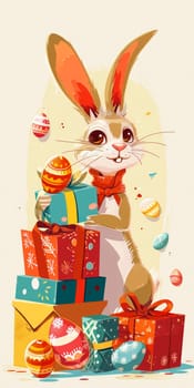 An exuberant Easter illustration captures a white bunny with vibrant ears, clutching a gift box, surrounded by a variety of colorful, patterned Easter eggs