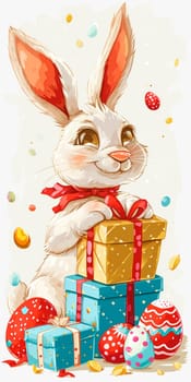 An exuberant Easter illustration captures a white bunny with vibrant ears, clutching a gift box, surrounded by a variety of colorful, patterned Easter eggs