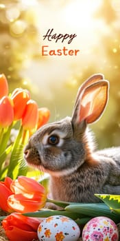 A festive Easter banner depicting a lifelike bunny with red tulips and decorated Easter eggs, embodying the joy of the holiday