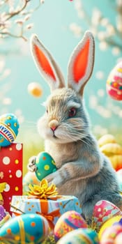 An adorable cartoon Easter bunny holding a decorated egg, surrounded by a variety of colorful eggs and gift boxes, celebrating the festive spirit.