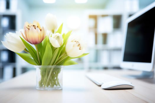 Desk with a computer and tulips in a vase.