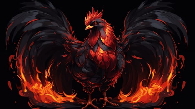 A black rooster stands on a fiery background, with his wings spread, on a black background, cartoon style.