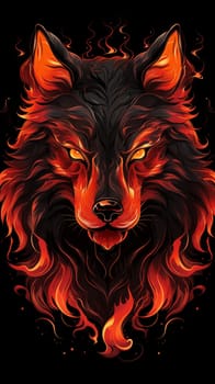 Close up of head of burning wolf with burning eyes, on black background, cartoon style, front view. Vertical