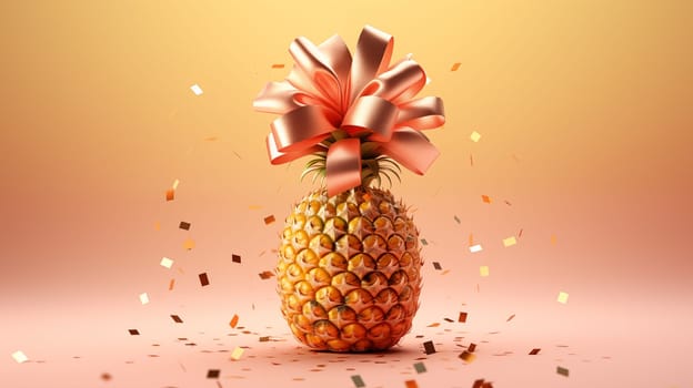 A pineapple with a pink bow is depicted on a peach background, golden confetti is scattered on the background.