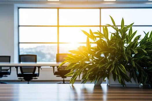 Interior of a modern workplace with large windows and green plants.