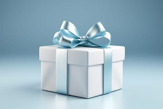 White gift box with a blue bow on a blue background.
