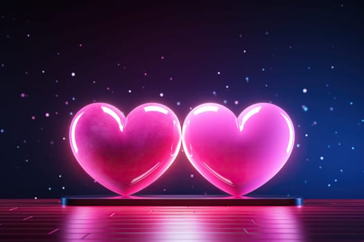 Two large pink hearts with a neon glow on a blue background. Valentine's Day concept.