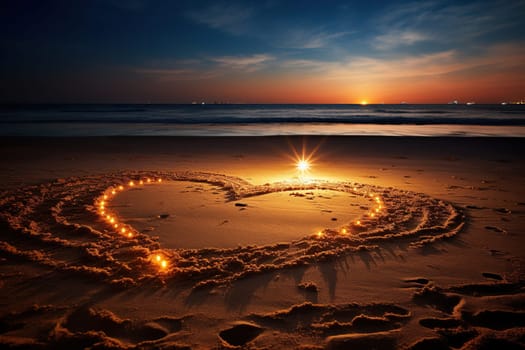 Heart shape made of lights on the beach at sunset. Romantic composition.