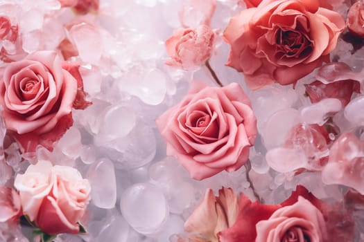 abstract background of close up of pink and red frozen flowers in ice. High quality photo