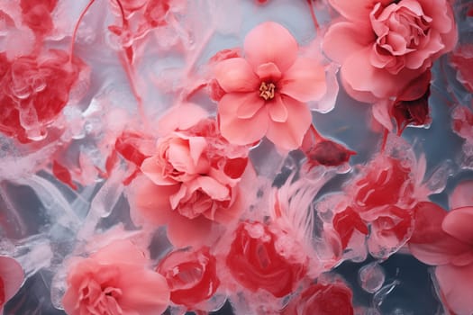 abstract background of close up of pink and red frozen flowers in ice. High quality photo