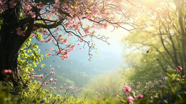 Spring landscape. Fresh foliage, grass. Nature comes to life. spring background for the product. High quality illustration