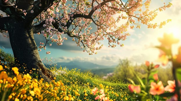 Spring landscape. Fresh foliage, grass. Nature comes to life. spring background for the product. High quality illustration