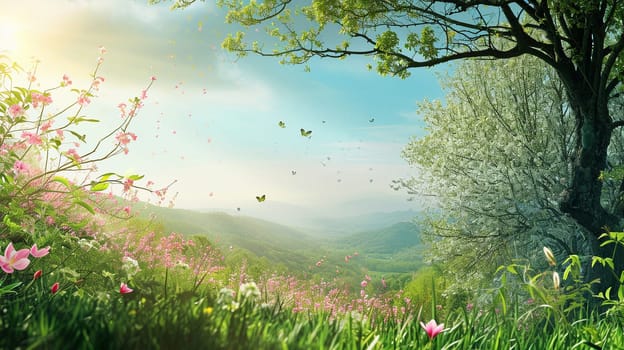 Spring landscape. Fresh foliage, grass. Nature comes to life. spring background for the product. High quality illustration