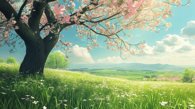 Spring landscape. Fresh foliage, grass. Nature comes to life. spring background for the product. High quality illustration