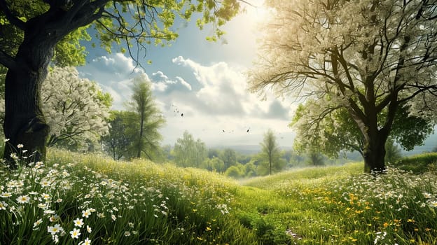 Spring landscape. Fresh foliage, grass. Nature comes to life. spring background for the product. High quality illustration