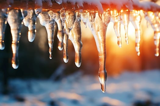 Ice icicles under the roof melt in the light of the sun.