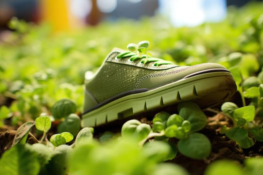A green shoe lies on green young sprouts, blurred background. Environment conservation concept.