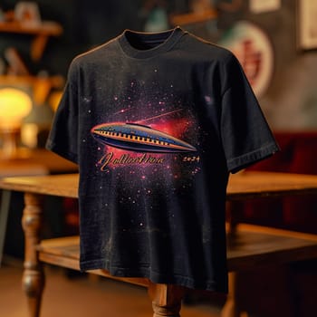 The design of a modern T-shirt. Collection 2024. Space, the future, futurism, galaxies. High quality illustration