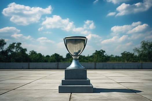 Silver cup on a concrete surface against a blue sky.