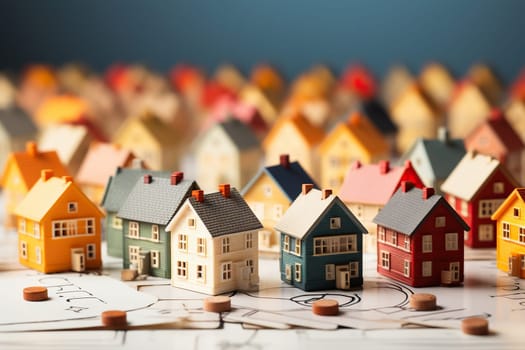 Small wooden house models on a wooden surface with bokeh phonemes. The concept of searching, buying a home.