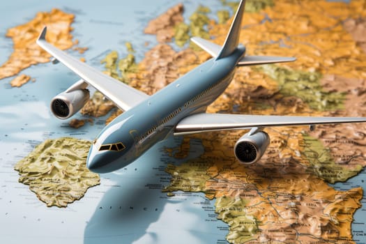 Air Transport. A model of a passenger plane stands on a world map on the table.