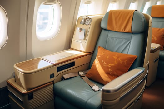 Airplane cabin interior with empty comfortable seats in first class with windows. Air transport.