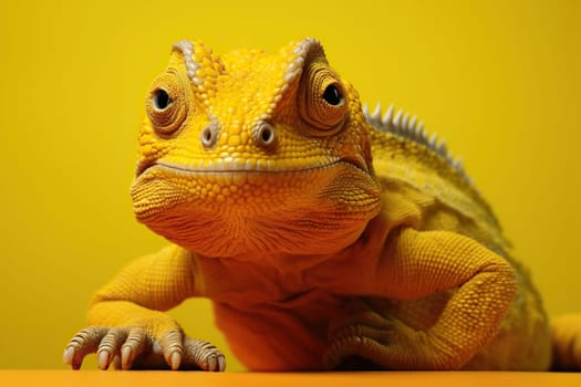 Bright yellow chameleon on a yellow background.