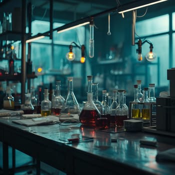 A scientific medical laboratory with a variety of flasks, reagents, vessels, liquids and equipment. Scientific breakthrough, research. High quality illustration