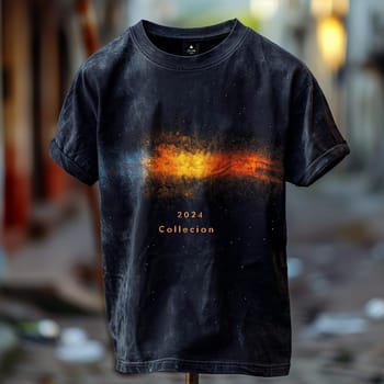 The design of a modern T-shirt. Collection 2024. Space, the future, futurism, galaxies. High quality illustration