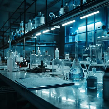 A scientific medical laboratory with a variety of flasks, reagents, vessels, liquids and equipment. Scientific breakthrough, research. High quality illustration