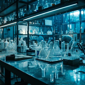 A scientific medical laboratory with a variety of flasks, reagents, vessels, liquids and equipment. Scientific breakthrough, research. High quality illustration