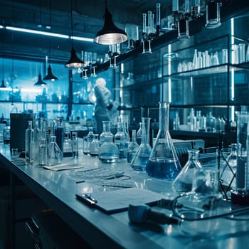 A scientific medical laboratory with a variety of flasks, reagents, vessels, liquids and equipment. Scientific breakthrough, research. High quality illustration