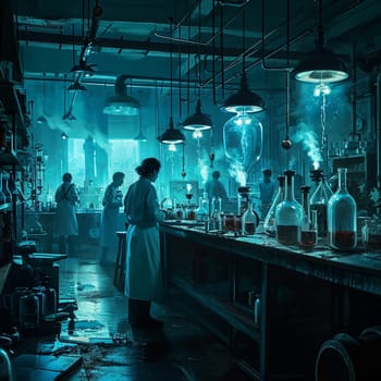 A scientific medical laboratory with a variety of flasks, reagents, vessels, liquids and equipment. Scientific breakthrough, research. High quality illustration