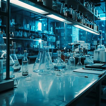 A scientific medical laboratory with a variety of flasks, reagents, vessels, liquids and equipment. Scientific breakthrough, research. High quality illustration