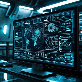 Computer monitor with graphs, map, dashboards. Technological background. High quality illustration