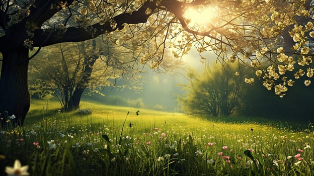 Spring landscape. Fresh foliage, grass. Nature comes to life. spring background for the product. High quality illustration