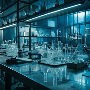 A scientific medical laboratory with a variety of flasks, reagents, vessels, liquids and equipment. Scientific breakthrough, research. High quality illustration