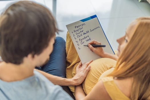 Expectant woman and her husband diligently compiles a list of childbirth costs, planning and organizing financial considerations for the upcoming delivery.