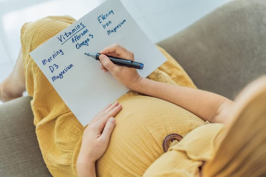 Expectant woman diligently compiles a list of doctor-prescribed vitamins for a healthy pregnancy, ensuring optimal care and well-being.