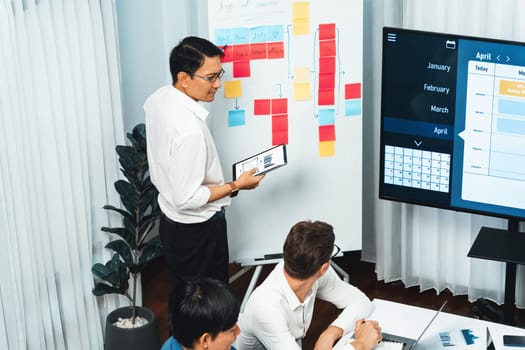 Project manager communicate and collaborate with team using project management software display on monitor, tracking progress of project task and making schedule plan at meeting table. Prudent