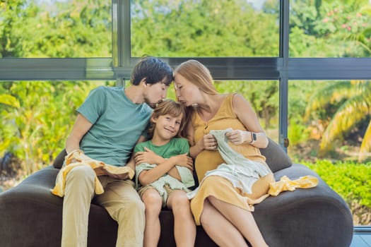 Heartwarming family moment as expectant mom, dad, and son joyfully browse through newborn baby's clothes, eagerly anticipating the arrival of a new family member.