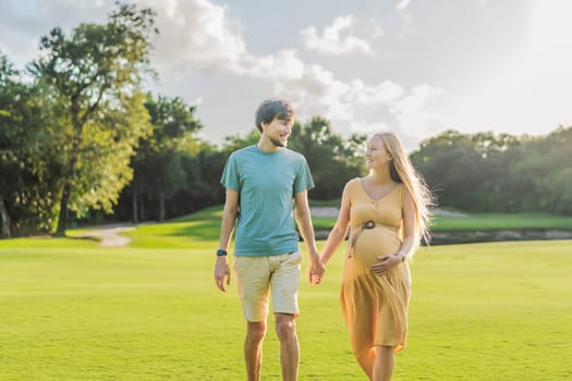 A blissful moment as a pregnant woman and her husband spend quality time together outdoors, savoring each other's company and enjoying the serenity of nature.