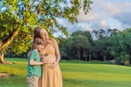 Heartwarming outdoor bonding as a pregnant mom and her son enjoy quality time together, savoring the beauty of nature and creating cherished moments.