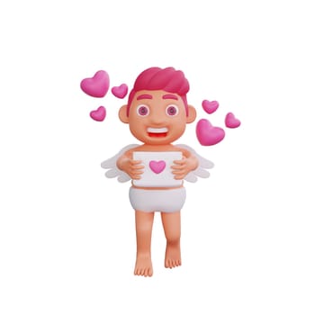 3D illustration of Valentine Cupid character joy while holding a love letter, surrounded by floating hearts, perfect for Valentine or love themed projects