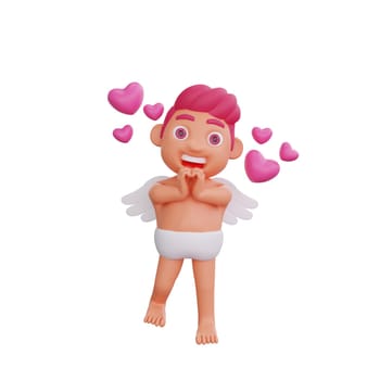 3D illustration of Valentine Cupid character beaming with joy and surrounded by floating hearts, perfect for Valentine or love themed projects
