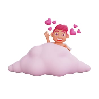 3D illustration of Valentine Cupid character Hiding behind a fluffy pink cloud while waving, surrounded by floating hearts, symbolizing love and happiness, perfect for Valentine or love themed projects