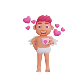 3D illustration of Valentine Cupid character Holding a love-shaped glass surrounded by floating hearts, perfect for Valentine or love themed projects