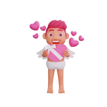 3D illustration of Valentine Cupid character. Expressing joy while holding a box of chocolates surrounded by floating hearts, perfect for Valentine’s or love themed projects